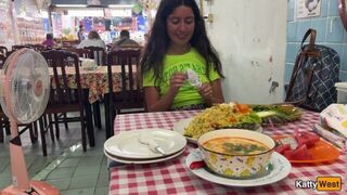Lustful Kathy eats lunch in an Asian cafe without panties and flashing pussy - porn video